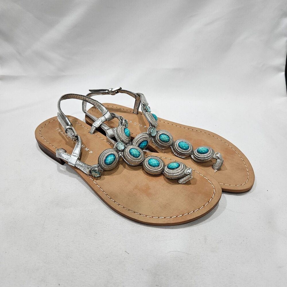 Ivanka Trump Pepe Flat Thong Sandals Silver Turquoise 8 Bohemian Festival Resort